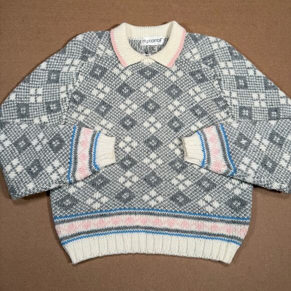 Vintage 80s Grandma Collared Sweater L Gray White Argyle Knit Pink Pastel Trim - Picture 2 of 7
